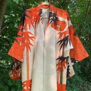 Beautiful metallic vintage kimono with cranes and bamboo